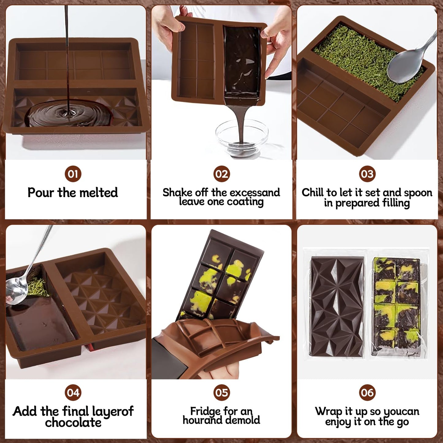 BMSQOFD Silicone Chocolate Bar Molds 2 Pack 1in Deep Brown Dubai Pistachio