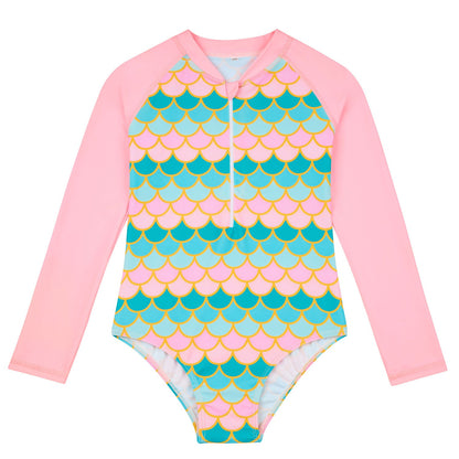 Children's Mermaid Scale One-Piece Swimsuit with Long Sleeves