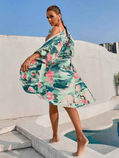 Women's Sun Protection Beachwear Dress Blouse Long Kimono Printed Sexy Bikini