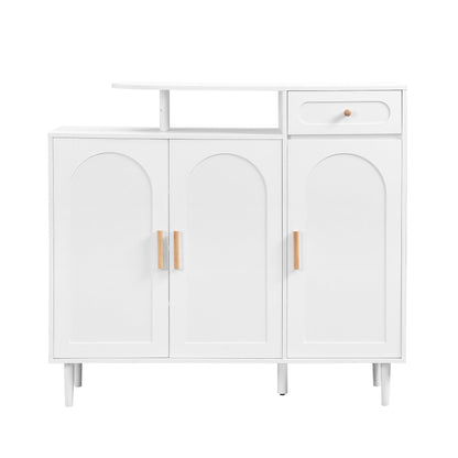 ON-TRANS Elegant Shoe Cabinet with Arched Doors and Drawers, Storage Side Panels, Adjustable Shelves and Solid Wood Legs, White