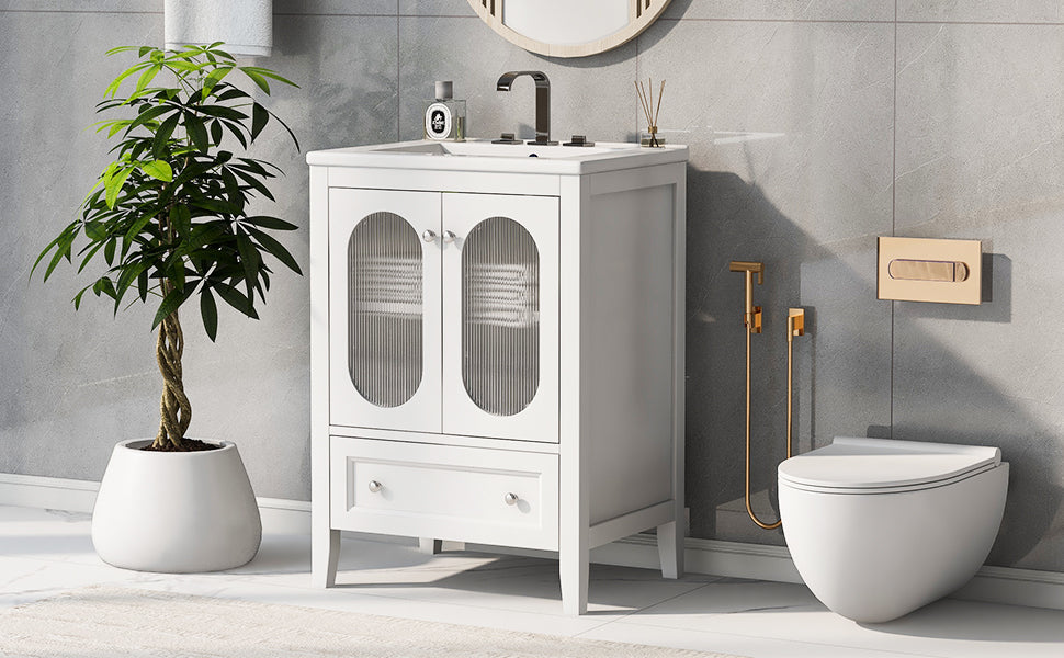 24" Bathroom Vanity with Sink, Bathroom Vanity Cabinet with One Drawer and Doors, Adjustable Shelf, Solid Wood and MDF, White