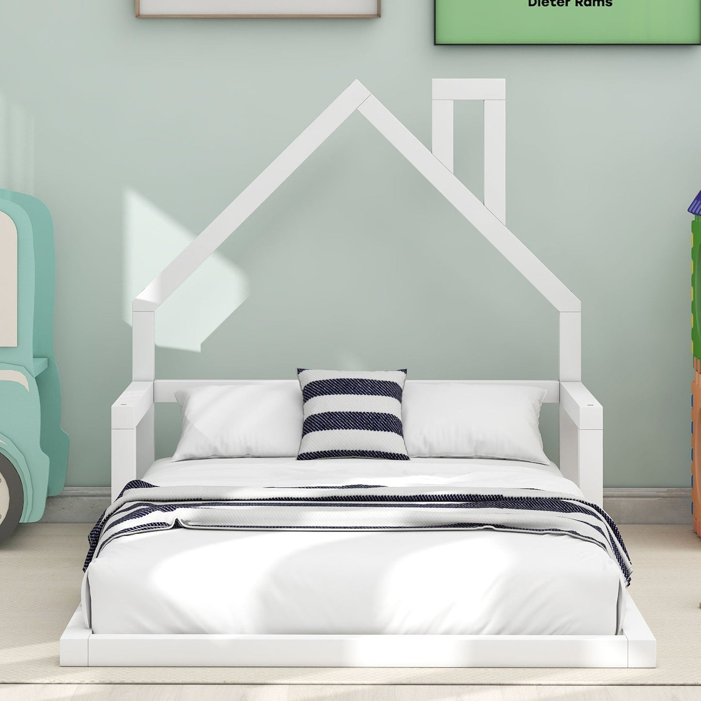 Twin Size Wood Floor Bed with House-shaped Headboard  White