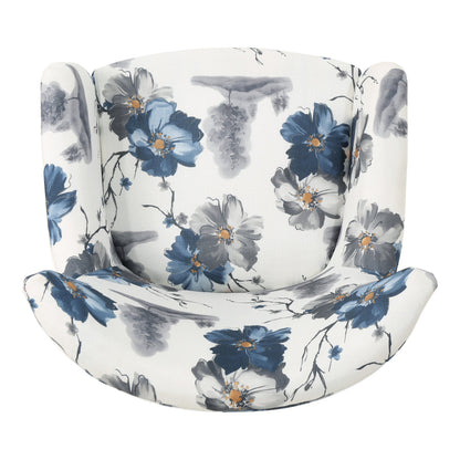 Modern retro printed fabric cushioned club chair, white and blue patterned armchair