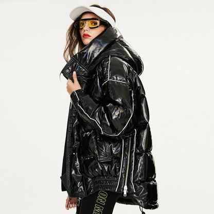 Couples Laser Glossy Thickened Loose Mid Length Down Jacket