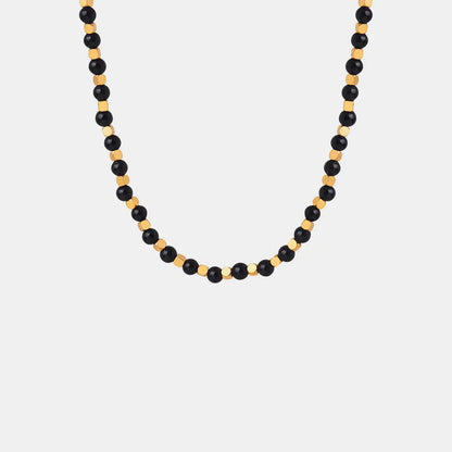 Square titanium steel gold-plated natural black agate stone handmade bead necklace jewelry for women