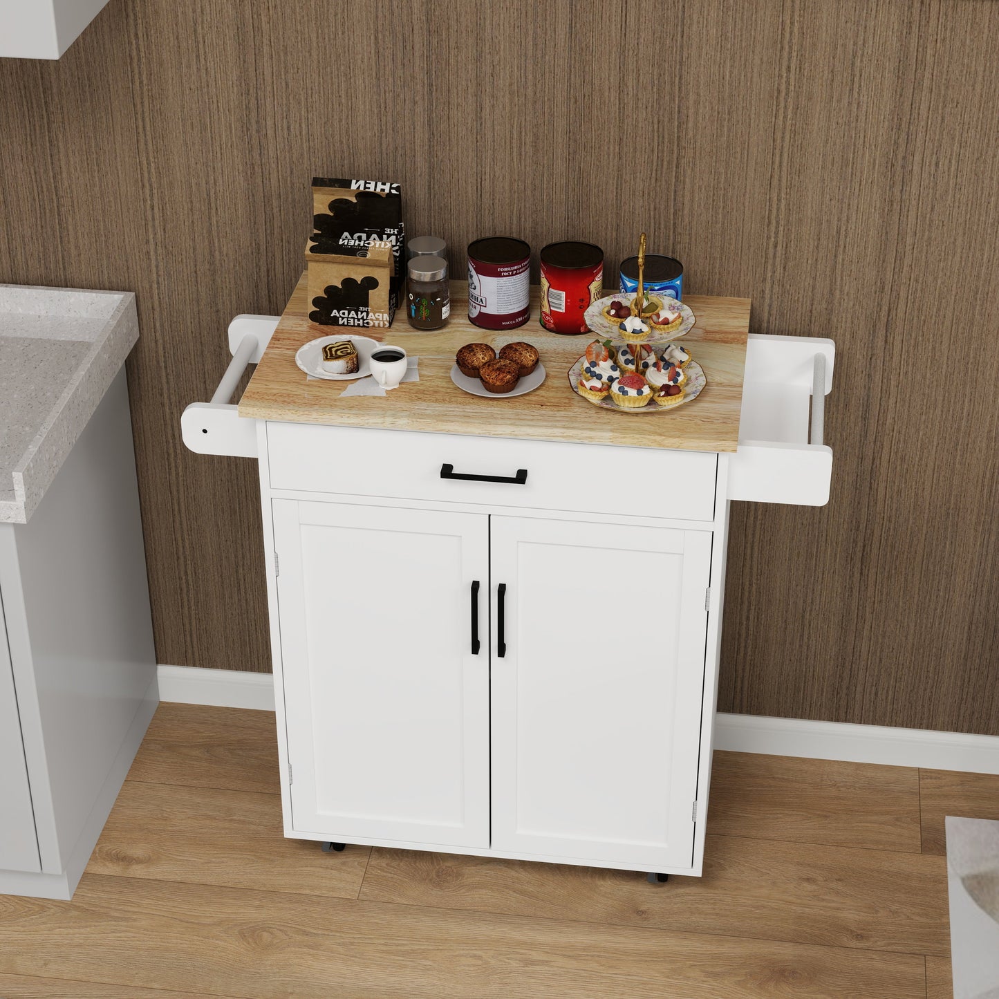 Kitchen island rolling trolley cart with 1 drawer & 2 doors with storage racks & Adjustable Shelves & towel rack