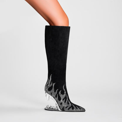 Rhinestone Flame Stretch Boots Tiger Tooth Heel