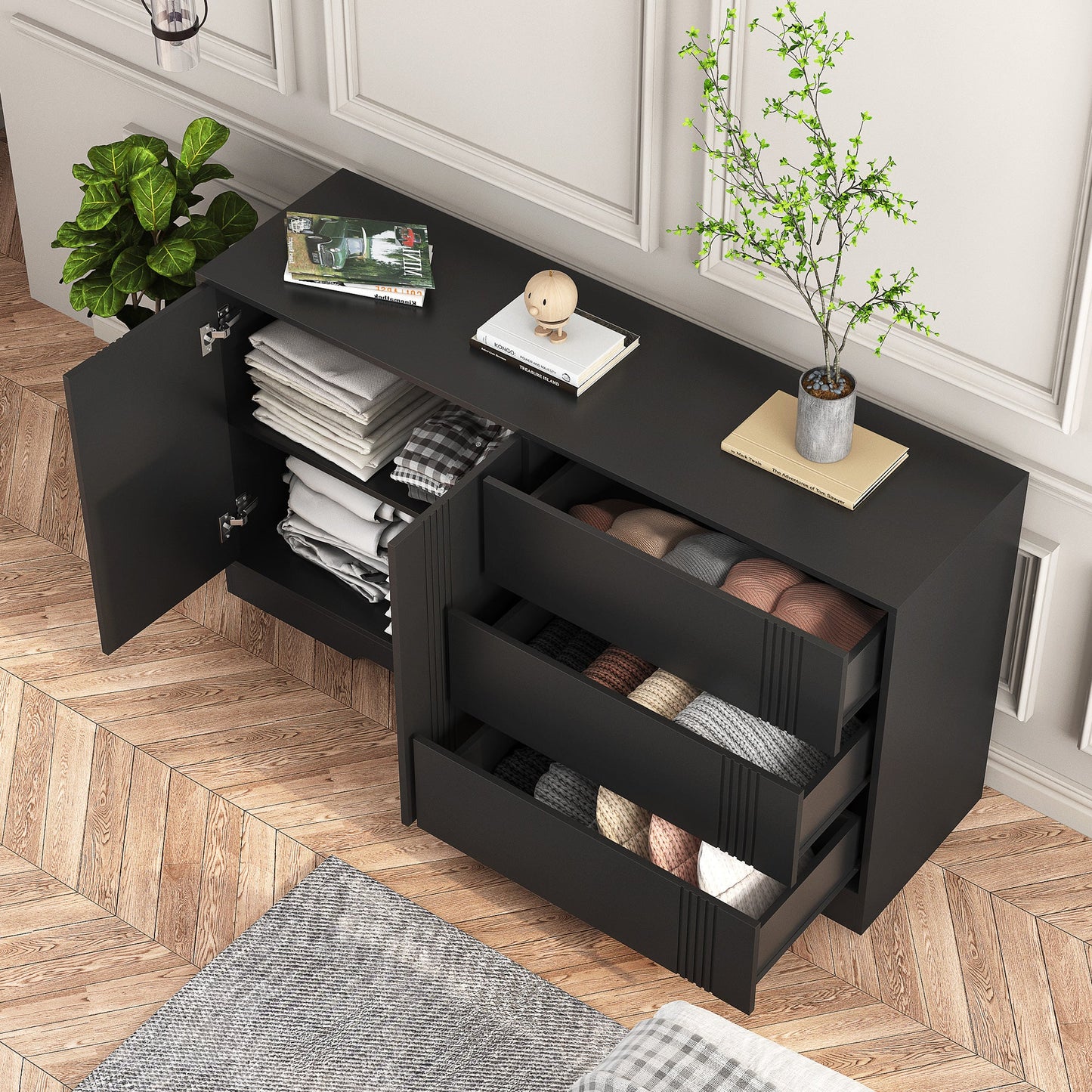 Modern kitchen buffet lockers with storage space, drawers and doors, and a large coffee bar with adjustable kitchen shelves