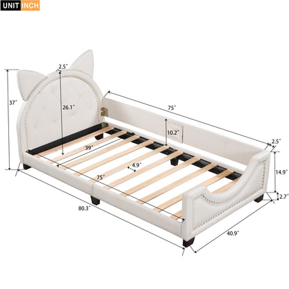 Twin Size Upholstered Daybed with Carton Ears Shaped Headboard  White