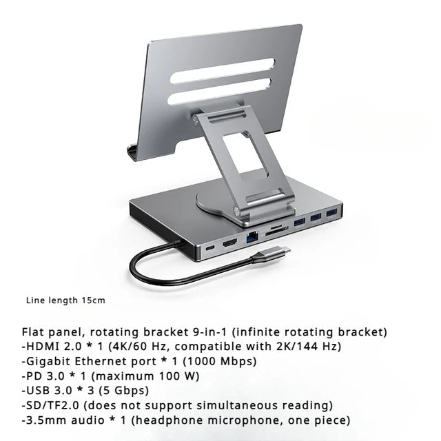 4K/60Hz Gigabit Ethernet Port USB 3.0 Splitter Hub Converter Flat Panel Rotary Stand Type-c Docking Station