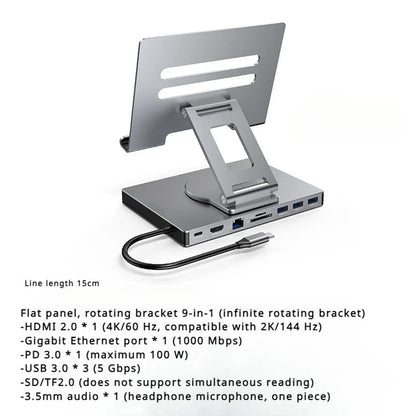 4K/60Hz Gigabit Ethernet Port USB 3.0 Splitter Hub Converter Flat Panel Rotary Stand Type-c Docking Station