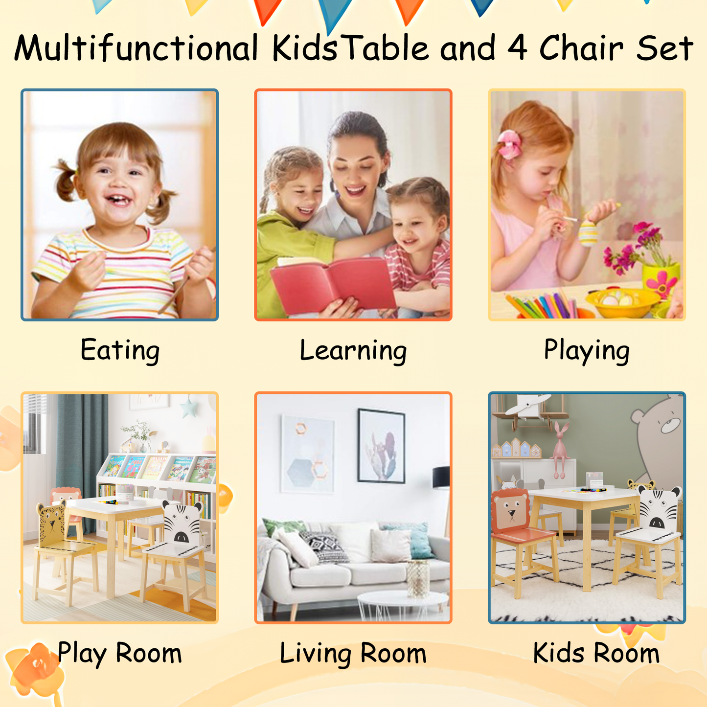 5 Piece Kiddy Table and Chair Set  Kids Wood Table with 4 Chairs Set Cartoon Animals (bigger table) (3-8 years old)