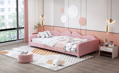 Twin size Upholstered Daybed, Sherpa Fabric Sofabed with Cloud-Shaped Backrest, No Box-spring Needed, Pink
