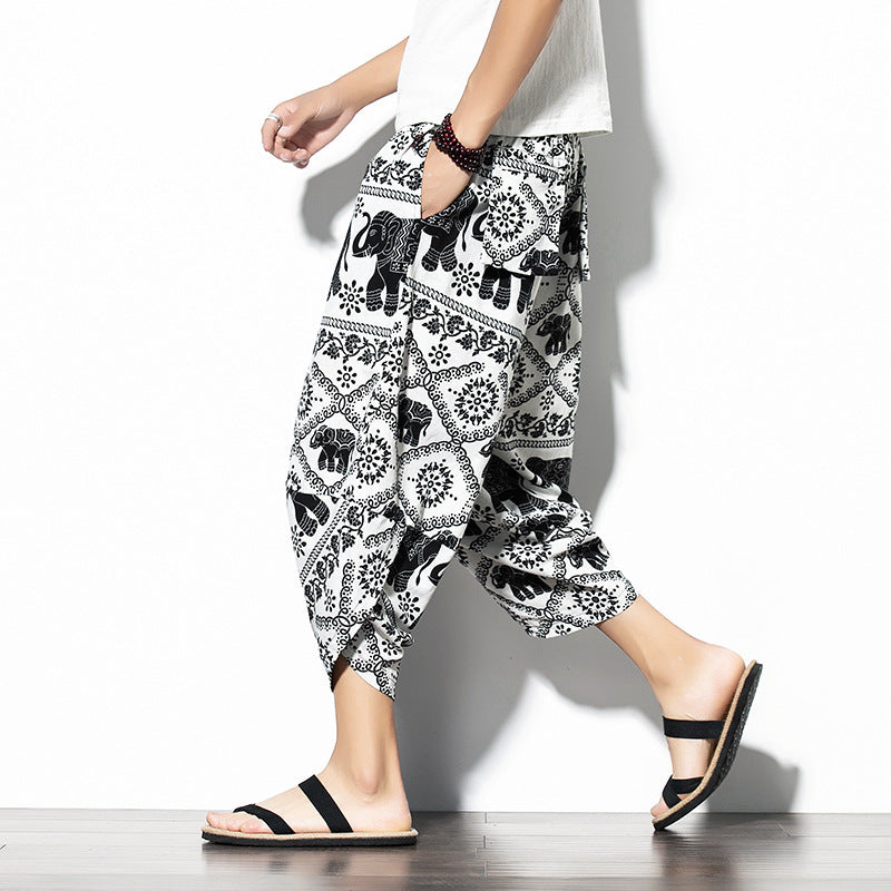 Printed Baggy Cotton Linen Cropped Pants