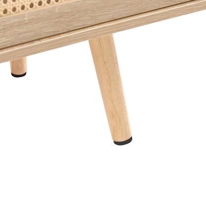 55.12" Rattan TV cabinet double sliding doors for storage adjustable shelf solid wood legs TV console for living room natural