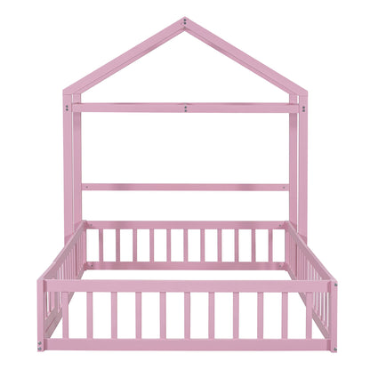 Wooden Full Size Children's Bed with Detachable Headboard and Integrated Clothes Drying Rack, Pink