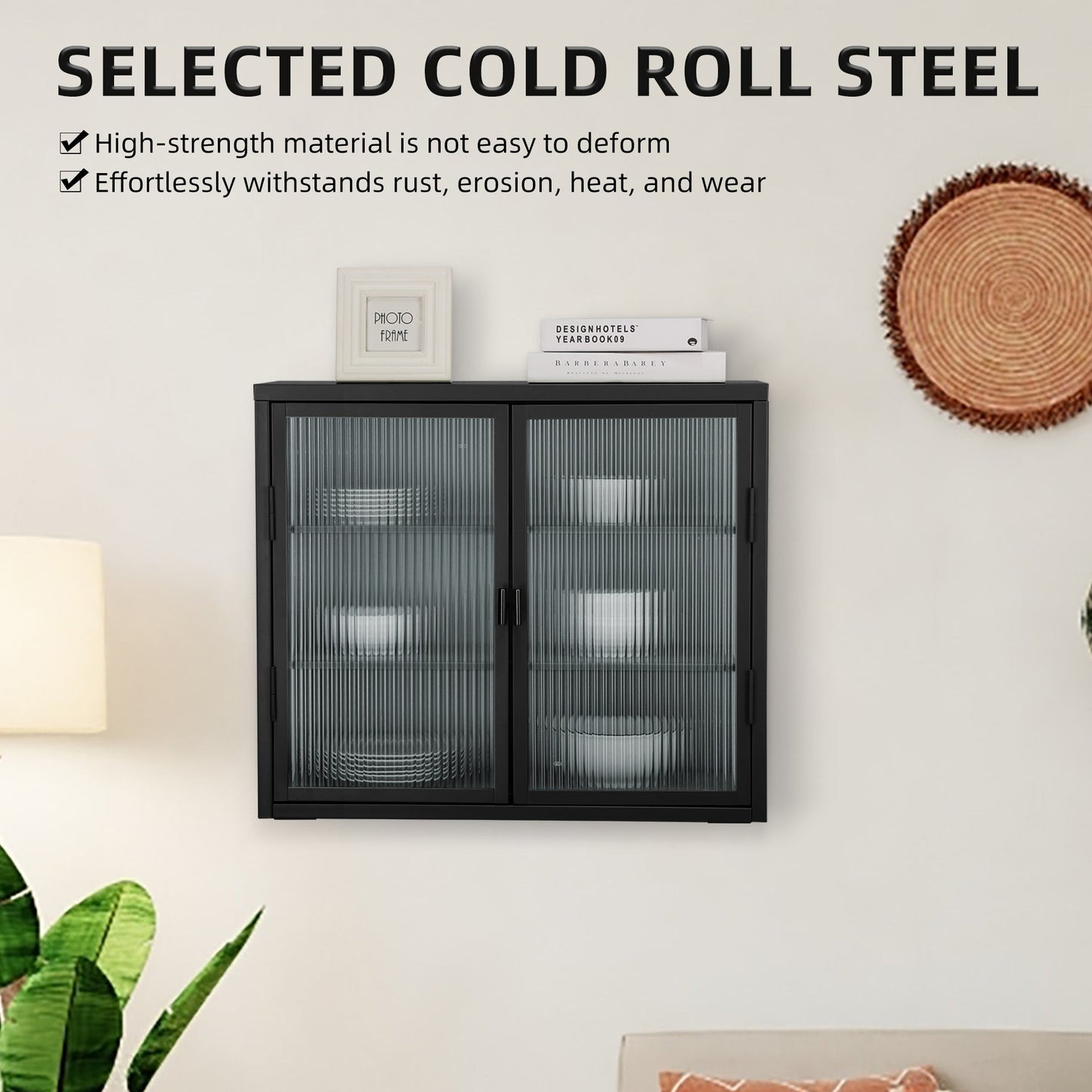 Retro Style Haze Double Glass Door Wall Cabinet With Detachable Shelves for Office Dining Room Living Room