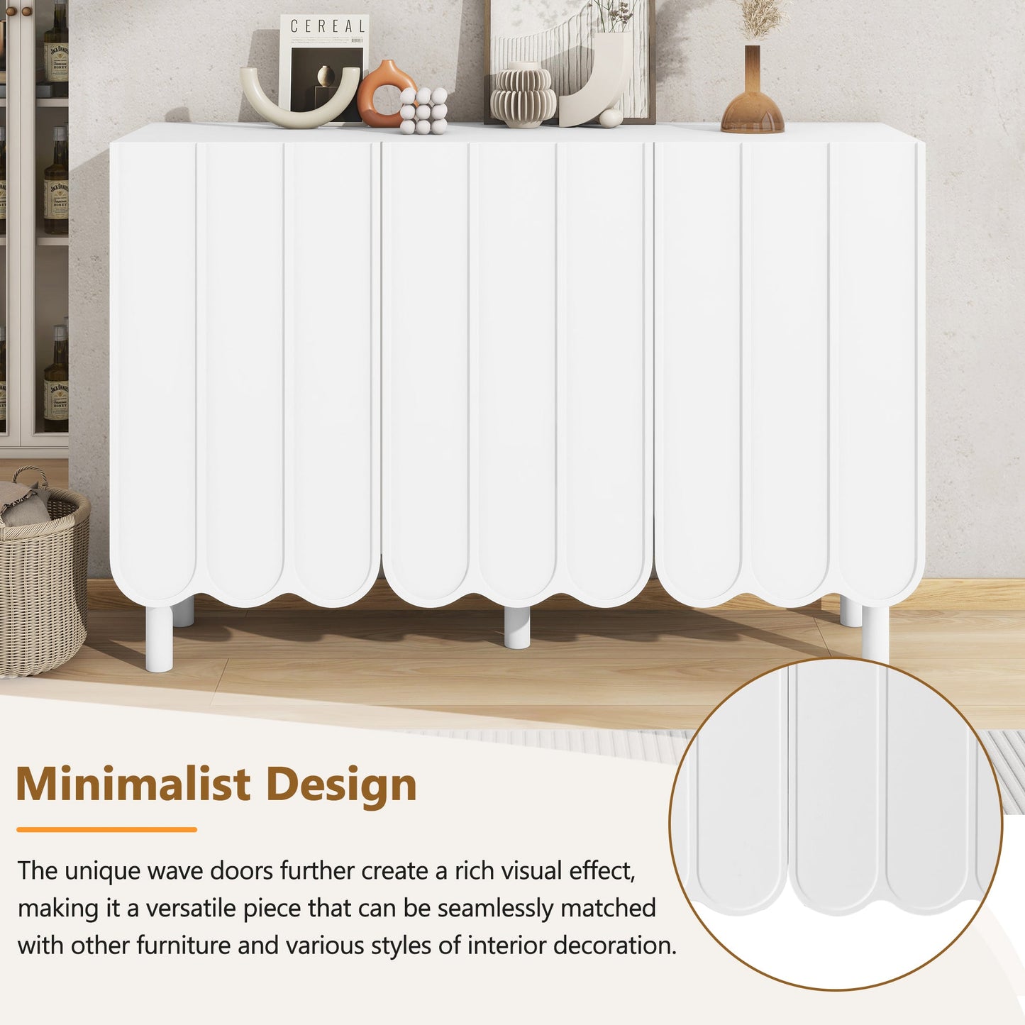 ON-TRANS Cream Style Shoe Cabinet with 5 Adjustable Solid Wood Legs, Large Storage Cabinet with Wave Doors, White