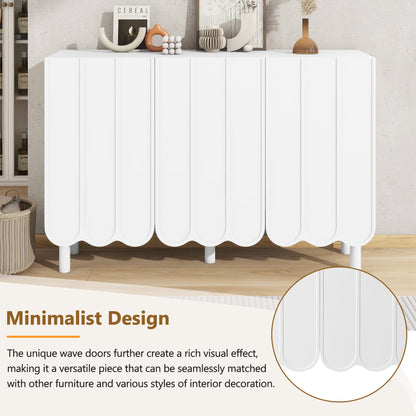 ON-TRANS Cream Style Shoe Cabinet with 5 Adjustable Solid Wood Legs, Large Storage Cabinet with Wave Doors, White