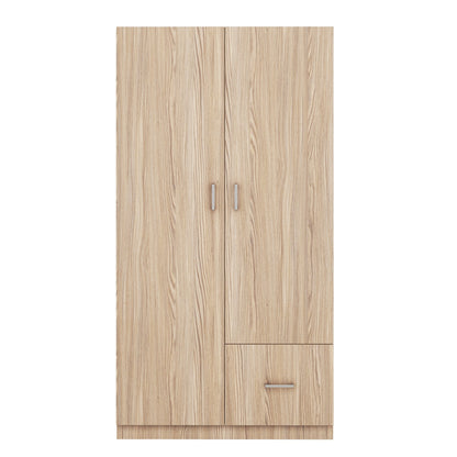 Wooden Wardrobe with Double Doors, Armoire with Hanging Rod, 5 Fixed Shelves, One Storage Drawer,Natural