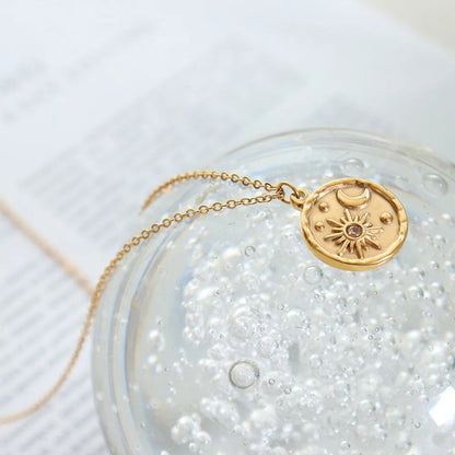 Zircon Star Moon Romantic Necklace Titanium Steel Gold Plated Round Pendant Neck Chain