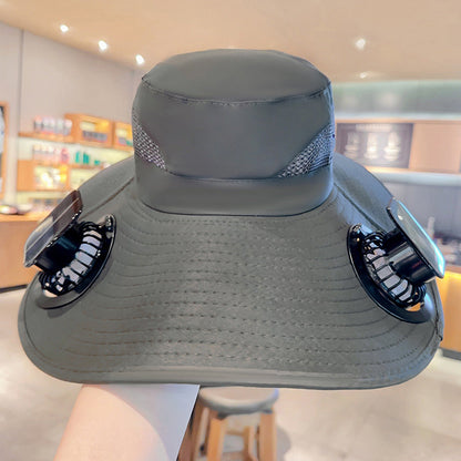 Solar fan hat: wide - brim bucket hat with 2 solar fans, men’s summer cap for outdoor fishing, camping, hiking.