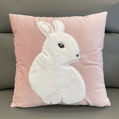 Soft Rabbit Pillow Cover Sofa Cushion Velvet Embroidered Pillow Girl's Heart Pink Cartoon Pillow Cover Cute