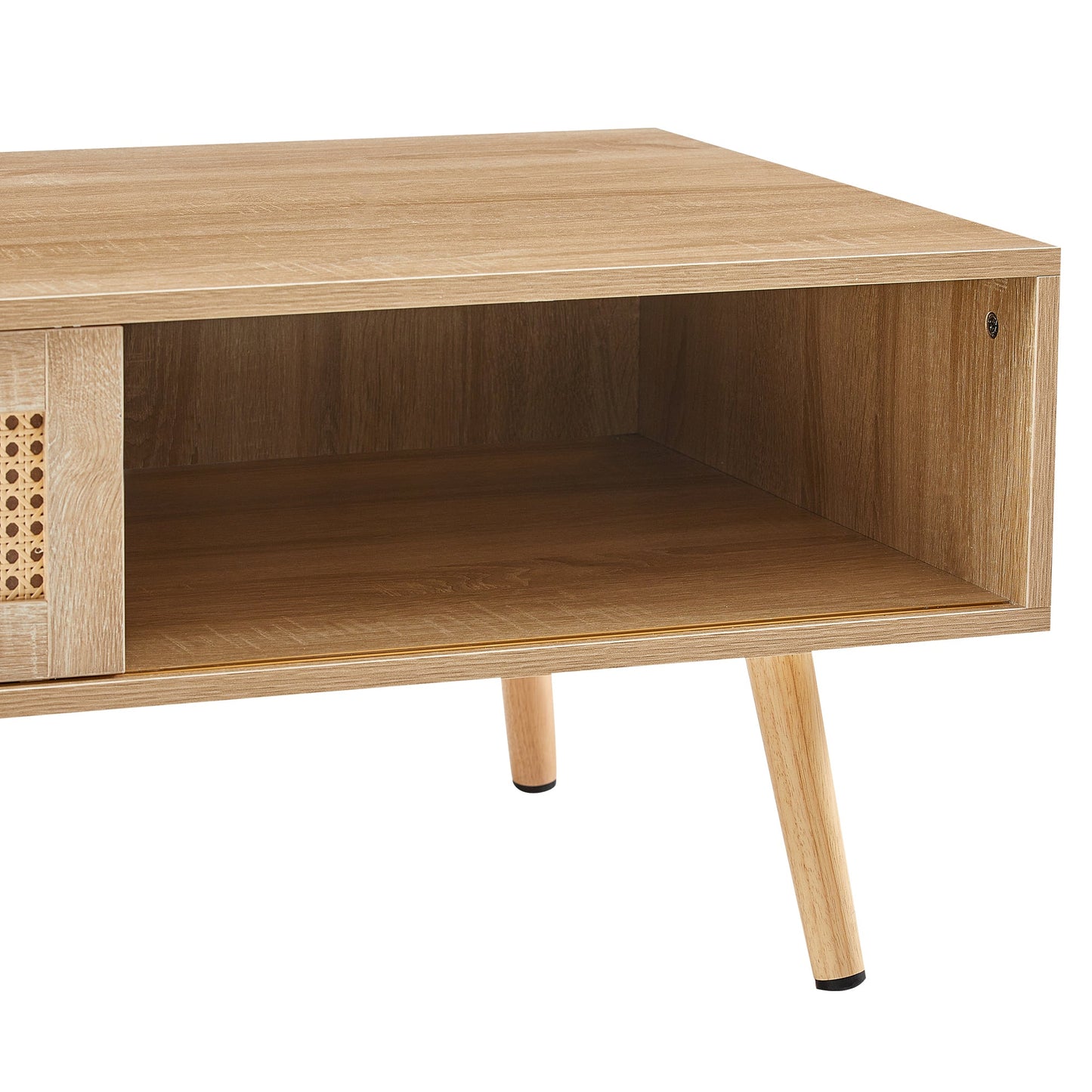 41.34" Rattan Coffee table sliding door for storage solid wood legs Modern table for living room  natural