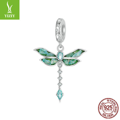 Silver Charm Original Retro Green Dragonfly DIY Pendant Accessories Charm Lucky s925 Pure Silver Insect Beads