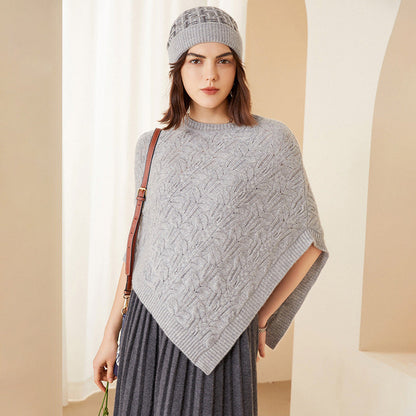 Women's Round Neck Cashmere Pullover Cloak with Twisted Pattern