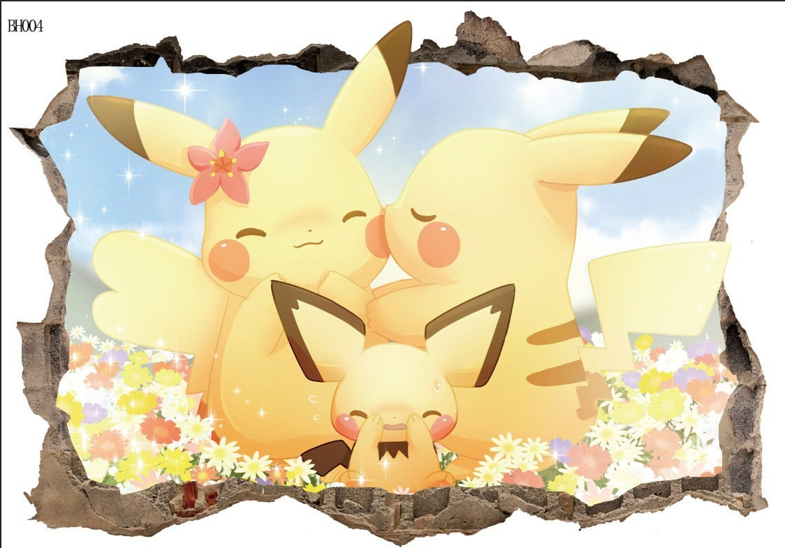 New 3D Pikachu Wall Sticker Pok é mon Wallpaper Self adhesive Cartoon Graffiti Anime Poster Children's Room PVC