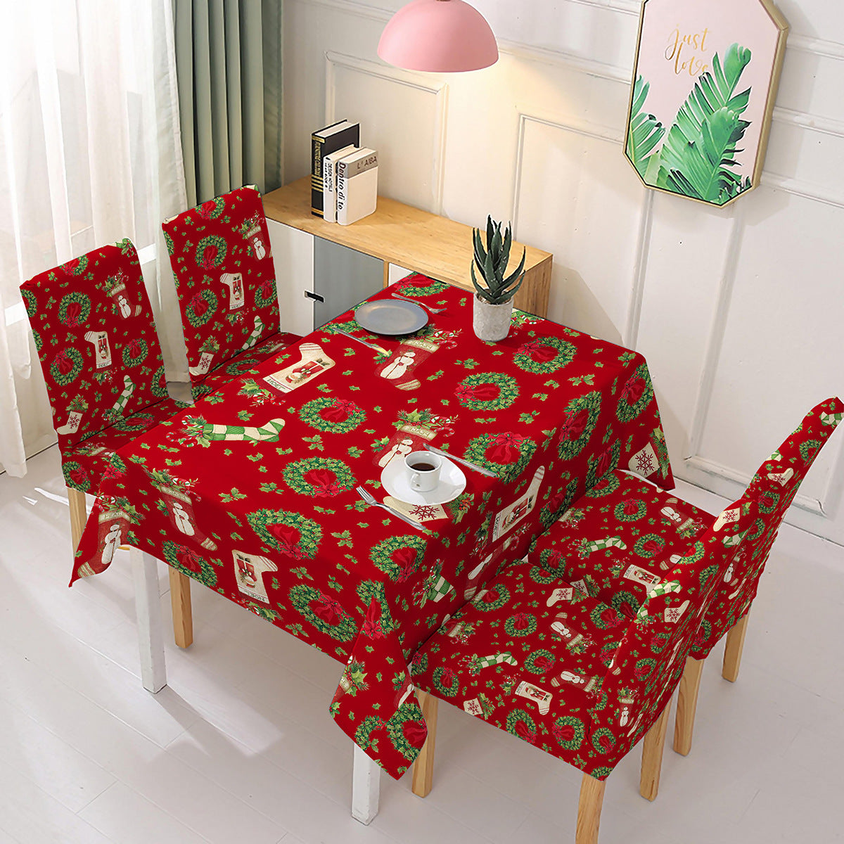 Christmas new polyester waterproof tablecloth one-piece printed chair cover festive decoration cartoon Santa Claus