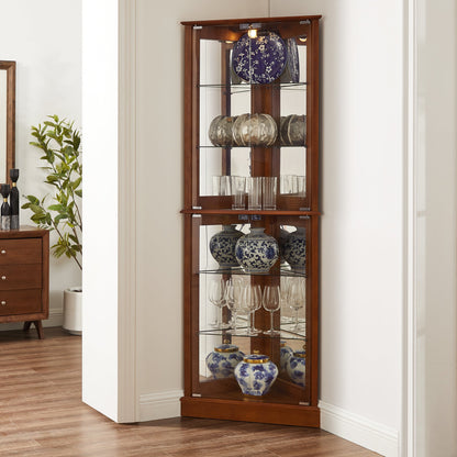 Corner Curio Dispaly Cabinet with Lights, Adjustable Tempered Glass Shelves, Mirrored Back,Walnut(E26 light bulb not included)