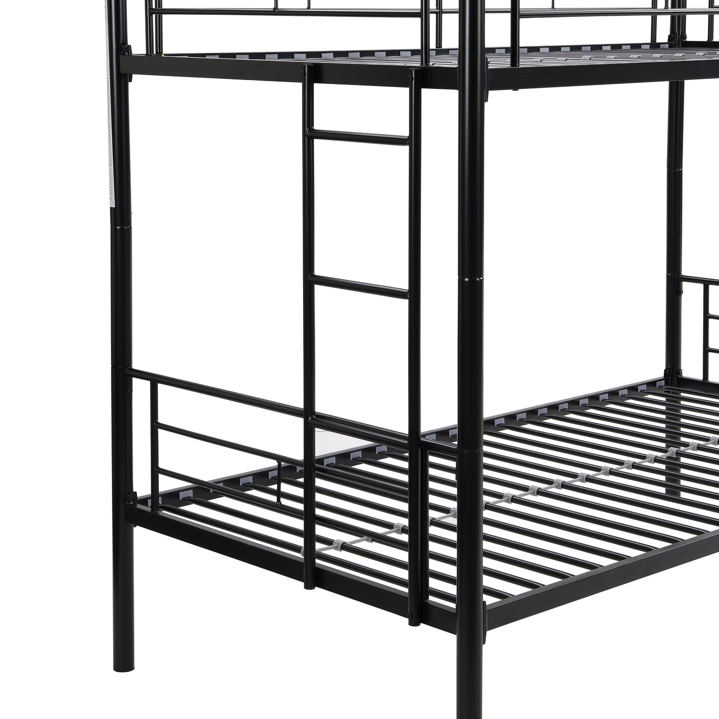 Double decker bed, size above twin bed, with 2 ladders and full-length guardrail, metal, storage space, black