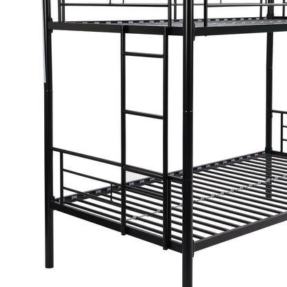 Double decker bed, size above twin bed, with 2 ladders and full-length guardrail, metal, storage space, black