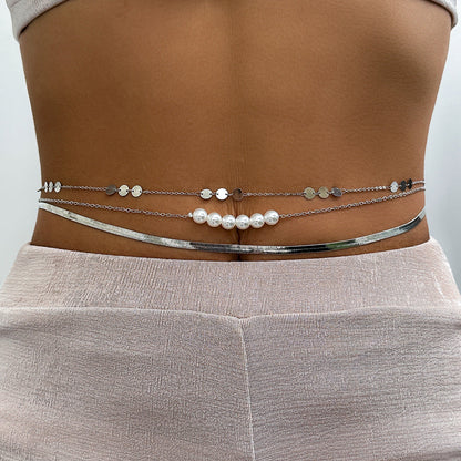 Three layer metal wind versatile waist chain WAIST CHAIN sexy imitation pearl body chain