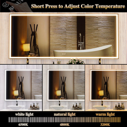 72X32 inch large LED bathroom mirror wall mounted mirror with 3 color modes, aluminum frame wall mounted light, full body mirror