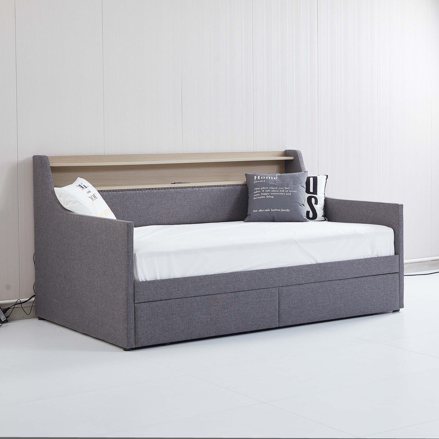 Twin Size Daybed with Storage Drawers, Upholstered Daybed with Charging Station and LED Lights, Gray