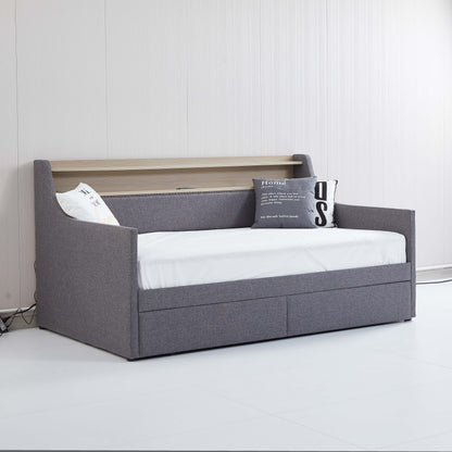 Twin Size Daybed with Storage Drawers, Upholstered Daybed with Charging Station and LED Lights, Gray