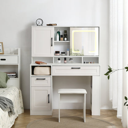 Vanity table with large sliding lighted mirror dressing table with 2 drawers storage shelves and upholstered stool white color