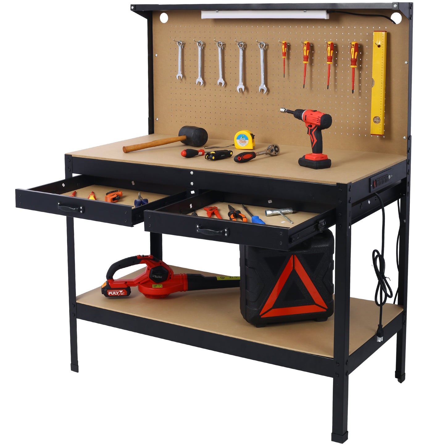 Steel Workbench Tool Storage Work Bench Workshop Tools Table W/Drawer and Peg Board ,4xAC outlets 2xUSB Ports