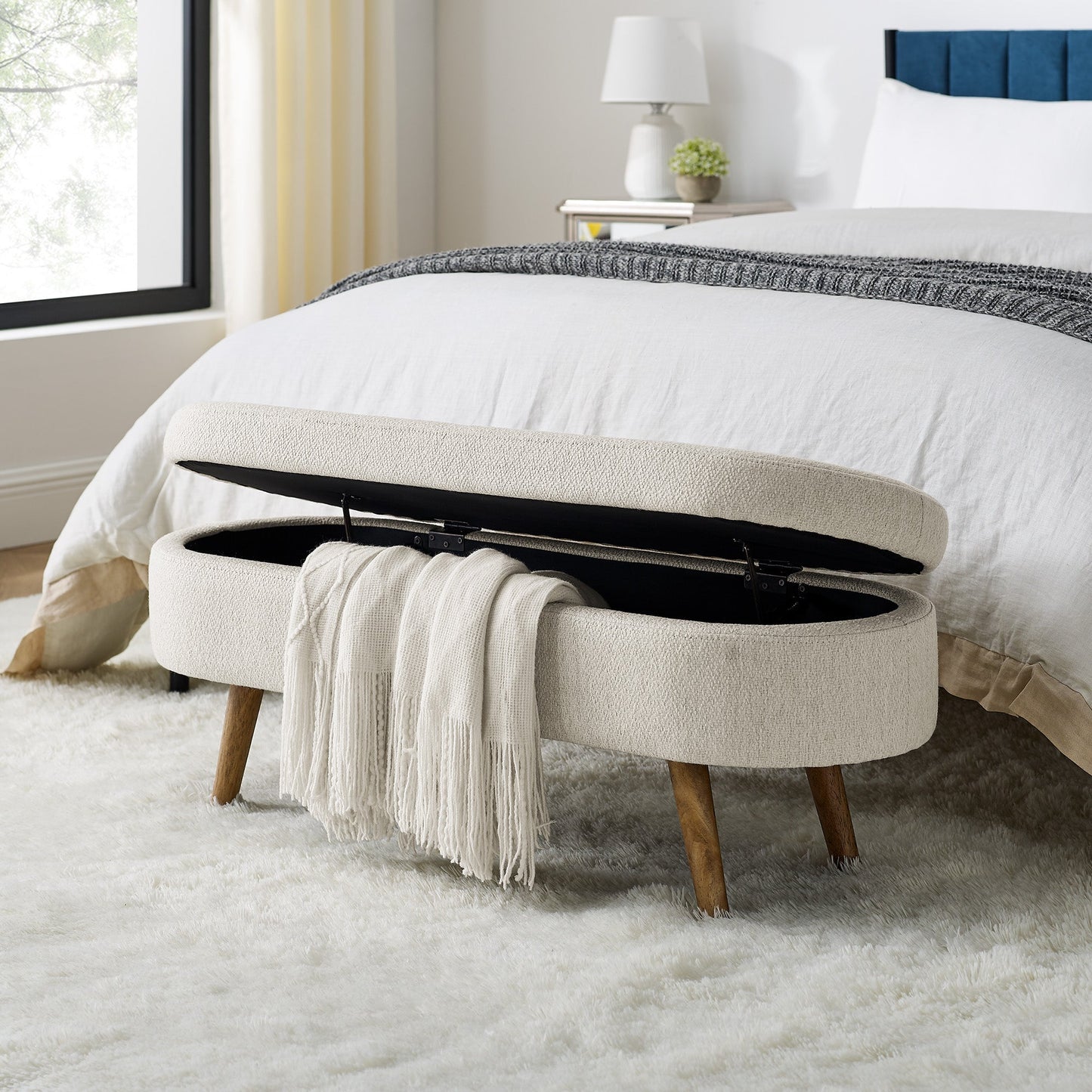 Ottoman Oval Storage Bench Rubber Wood Legs Beige(43.5"x16"x16")