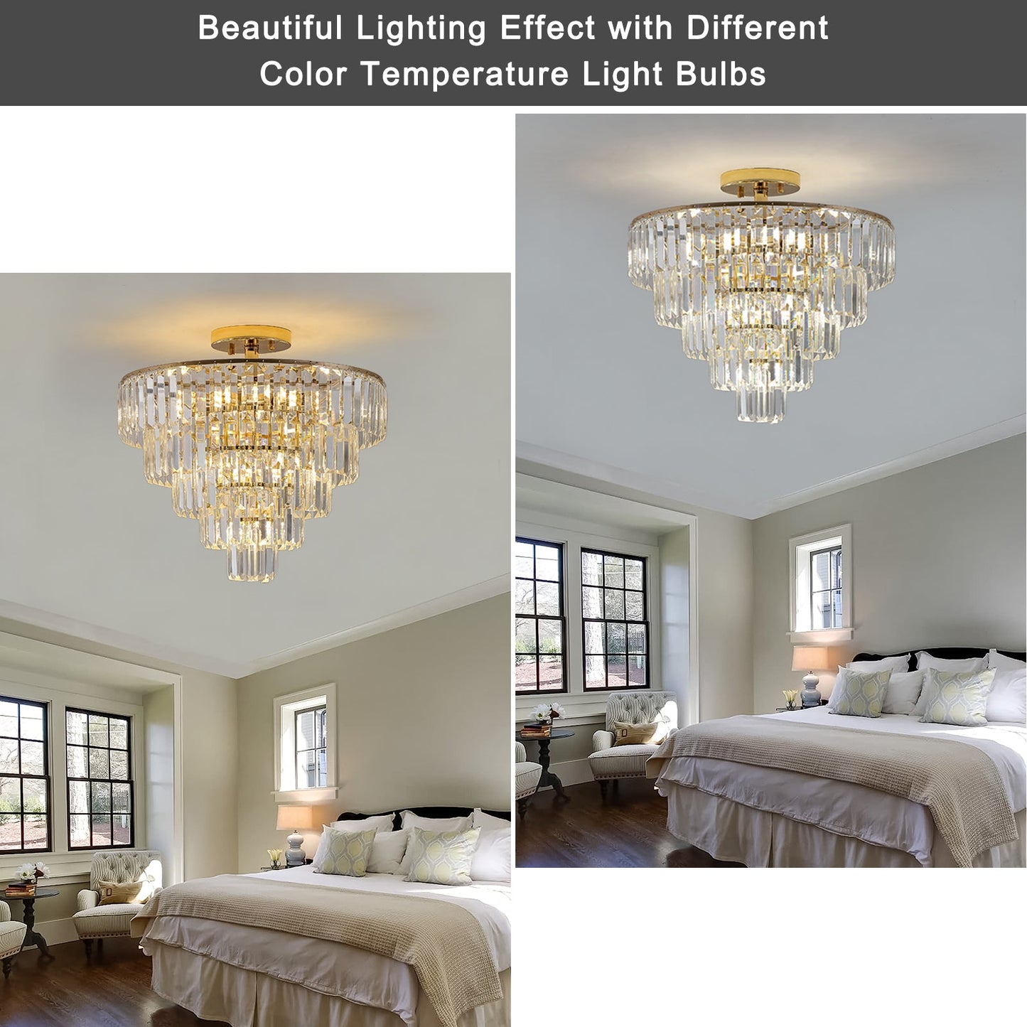 Gold Crystal Chandeliers,5-Tier Round Semi Flush Mount Chandelier Light Fixture,Large Contemporary Luxury Ceiling Lighting