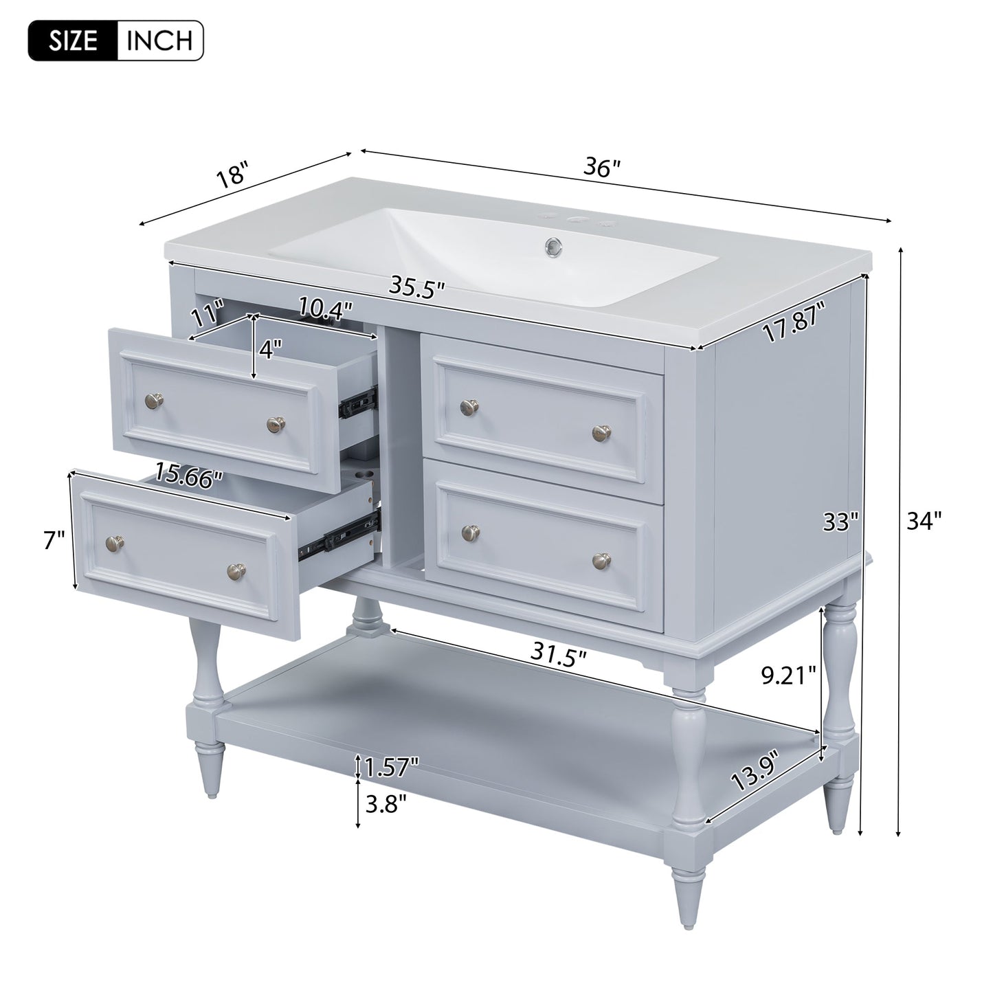 36" Bathroom Vanity Cabinet with Sink Combo Set, Undermount Resin Sink, Free Standing Vanity Set with 4 Drawers Blue