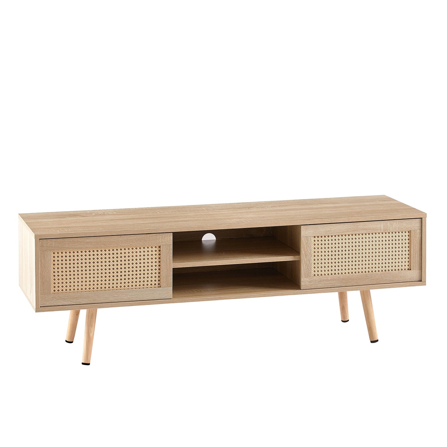 55.12" Rattan TV cabinet double sliding doors for storage adjustable shelf solid wood legs TV console for living room natural
