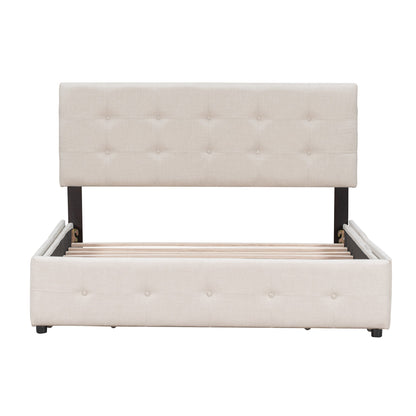 Upholstered Platform Bed with Classic Headboard and 4 Drawers No Box Spring Needed Linen Fabric Queen Size Beige