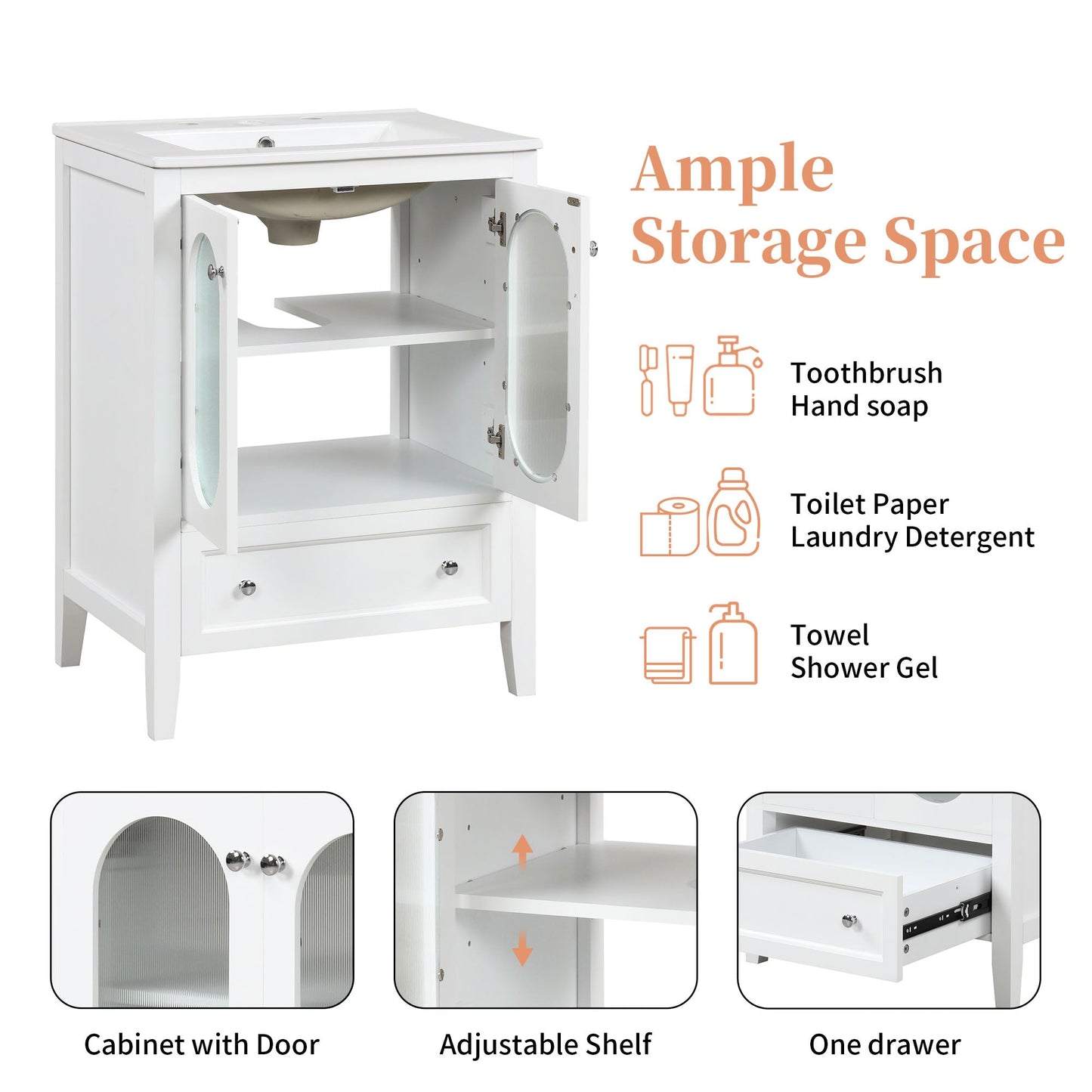 24" Bathroom Vanity with Sink, Bathroom Vanity Cabinet with One Drawer and Doors, Adjustable Shelf, Solid Wood and MDF, White