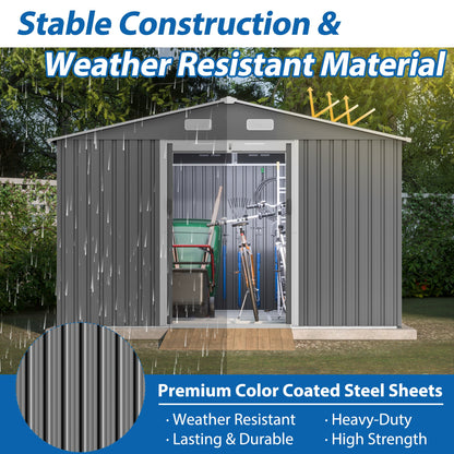 10X8 FT outdoor tool storage shed with metal foundation and lockable door, all-weather metal shed, gray