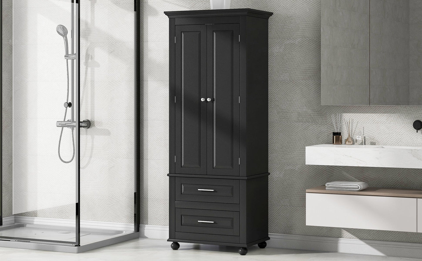 Tall Storage Cabinet with Two Drawers for Bathroom/Office, Black