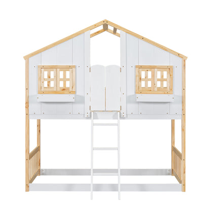 Twin over Twin House Bunk Bed with Roof , Window, Window Box, Door , with Safety Guardrails and Ladder, Natural/White